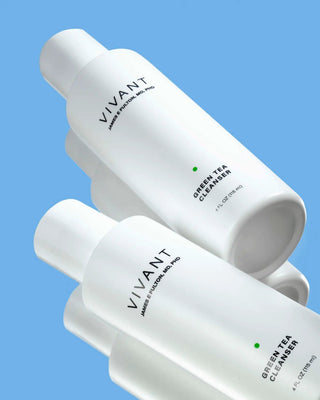 Vivant VIVANT Green Tea Cleanser arranged diagonally on a light blue background.
