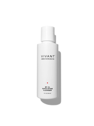 A white bottle of VIVANT BP 3% EXFOLATING CLEANSER with a white cap, centered on a white background with a soft shadow.