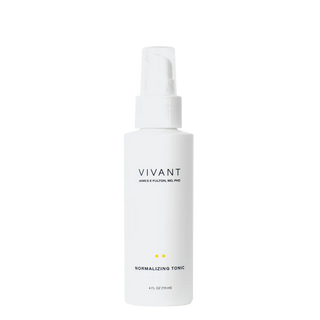 A white pump bottle of VIVANT Skincare Normalizing Toner with black text and two small yellow dots on a solid white background.