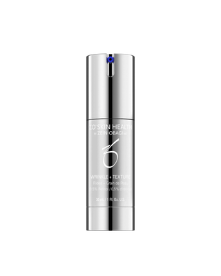 A sleek, cylindrical silver cosmetic bottle from ZO Skin Health by Zierin Obagi,  Wrinkle and Texture featuring a reflective metallic finish and a small blue accent at the top, set against a solid white background.