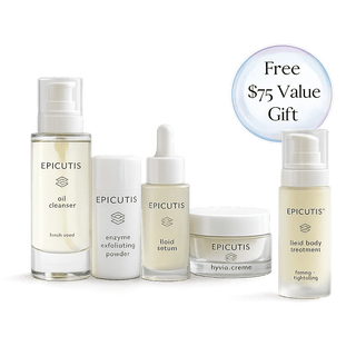Epicutis skincare bundle with oil cleanser, enzyme exfoliating powder, lipid serum, hyvia crème, and free lipid body treatment.