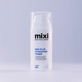 Mixi skincare toner bottle on a light gray background