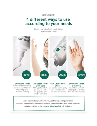 Use guide for Skin Laser Toner with different volume options and application methods.