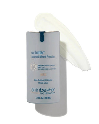 Skinbetter Sunbetter SHEER SPF 70 Sunscreen Lotion 50ml with swatch.
