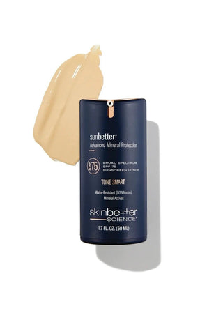 Skinbetter Sunbetter TONE SMART SPF 75 Sunscreen Lotion 50ml with swatch background.