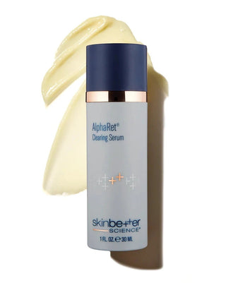 Skinbetter AlphaRet Clearing Serum 30ml bottle with swatch background.