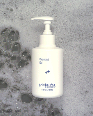 Skinbetter Cleansing Gel 8oz bottle with an animated foam background.