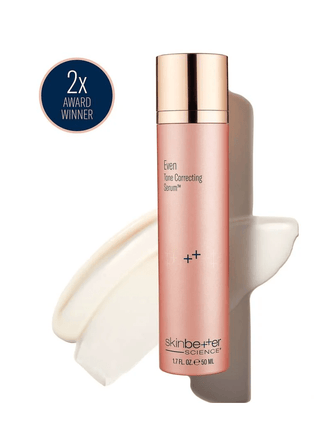 Skinbetter Even Tone Correcting Serum 50ml 2x award winner with swatch background.