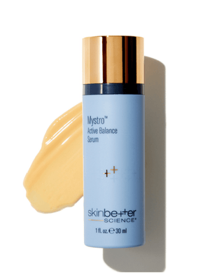 Skinbetter Mystro Active Balance Serum 30ml bottle with swatch background.
