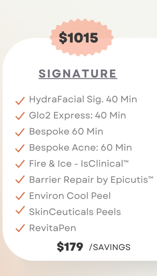 BUY 5 FACIALS, GET 1 FREE.
choose any 6 facials. $179 savings.

HydraFacial™ Signature (40 min),

Glo2 Facial Express (40 min),

Bespoke Facial (60 min),

Bespoke Acne Facial (60 min),

Fire &amp; Ice Facial – is Clinical™,

Barrier Repair Facial – Epicutis™,

Environ Cool Peel,

Revitapen Facial,

SkinCeuticals Peels,
